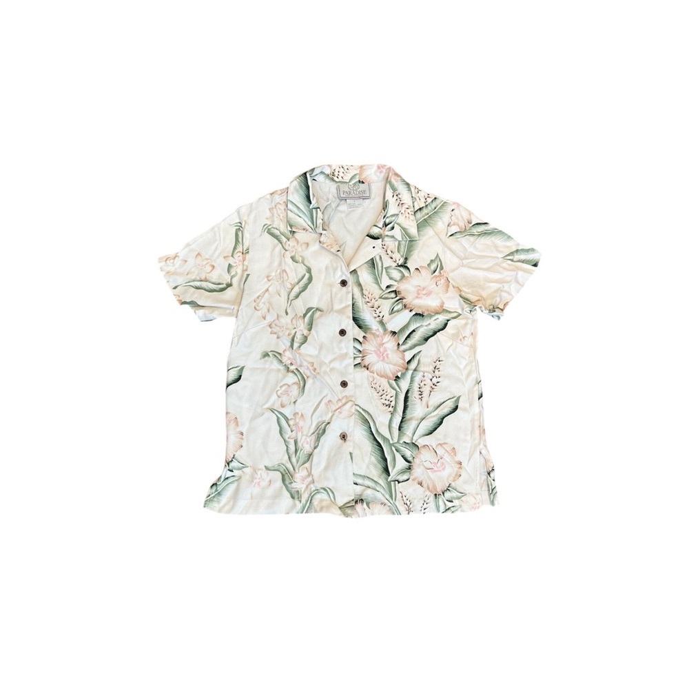 Vintage Silk Floral Print Short Sleeve Button-Down Shirt Size S